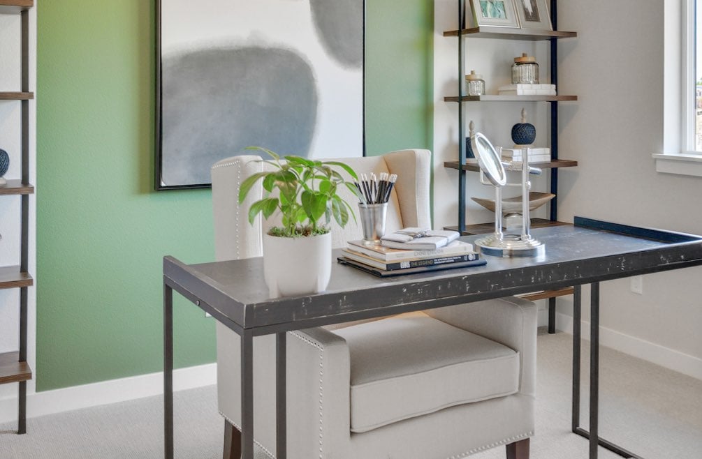 Desk with plant in new home in WAshington